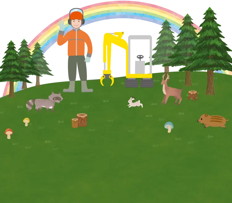シカ、ウサギ、タヌキ、イノシシなどの動物たちが森林の中で過ごしている様子。